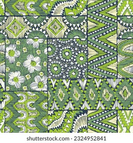 Seamless geometric pattern. Bohemian ornament in patchwork style. Grunge texture. Vector illustration.