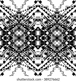 Seamless geometric pattern. Boho style. Ink abstract lines. Print kaleidoscope. Black and white. Vector illustration of textile. Ethnic and tribal motifs.