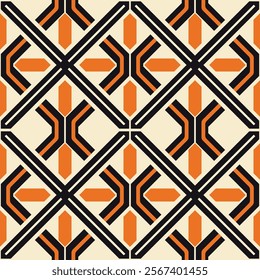 Seamless geometric pattern with bold black and orange intersecting lines on a beige background, perfect for modern decor, textiles, wallpapers, and digital design projects.