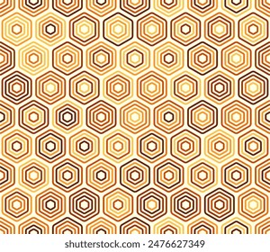 Seamless geometric pattern. Bold stacked rounded hexagons mosaic cells. Orange color tones. Hexagonal cells. Tileable pattern. Seamless vector illustration.