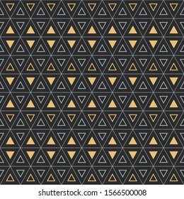 Seamless geometric pattern with bold triangle and interweaving thin lines, hexagon pattern, gold and black pattern, vector illustration