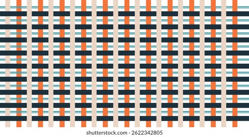 A seamless geometric pattern with bold vertical and horizontal stripes in orange, black, beige, and teal. Ideal for backgrounds, textiles, wrapping paper, and digital design.