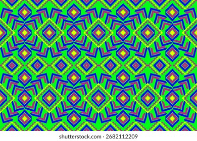 seamless geometric pattern with a bright color palette. The design features a bold combination of diamonds, sunbursts, and abstract floral motifs in blue, yellow, red, and turquoise