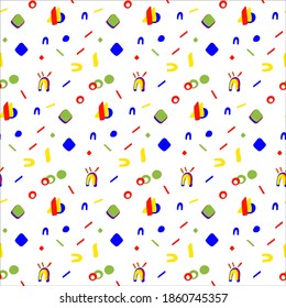 Patrón geométrico sin soldadura en colores vivos: rojo, verde, azul, amarillo. Tema del doodle para textil, textura, cubierta, fondo, papel de pared, papel de envoltura, tela, embalaje. Concepto de vector moderno para niños