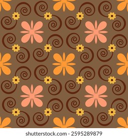 Seamless geometric pattern with bright colors and swirls on a gray background. Vector graphics.