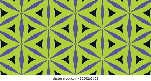 A seamless geometric pattern in bright green and purple with triangular shapes, ideal for bold and creative designs.