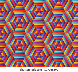 Seamless geometric pattern. Bright texture of hexagons separated by colored stripes. Ornament in ethnic style. Kaleidoscope, optical illusion. 