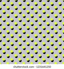 Seamless geometric pattern with bright yellow and black circles in polka dot style on a gray background.