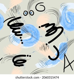 Seamless geometric pattern with brush strokes and watercolor elements. Art texture in graffiti style. Vector pattern for printing on fabric, gift wrapping, covers, wallpapers.