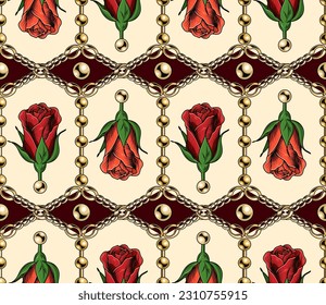 Seamless geometric pattern with buds of red roses, golden beads, jewelry gold chains. For wedding, engagement event, Valentines Day, gift, holiday decoration, wrapping paper design