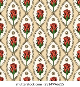 Patrón geométrico sin soldadura con brotes de rosas rojas, cuentas doradas, cadenas de oro de joyería. Para bodas, evento de compromiso, Día de San Valentín, regalo, decoración de vacaciones, diseño de papel envolvente