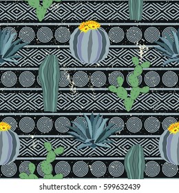 Seamless geometric pattern with cactuses and agave. Colorful mexican theme ornament. 