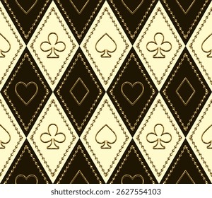 Seamless geometric pattern with card suits golden outline icons in rhombus grid made of gold jewelry chain. Luxurious style. Gambling, casino theme