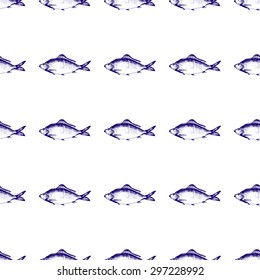 Seamless geometric pattern with carp fish sketch on white background. Vector illustration