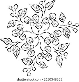 Padrão geométrico contínuo de flores silvestres pontilhadas centrais com folhas de giro periférico e botões de flores desenhados à mão pontilhado rotativo floral Mandala Design Elemento para bordado Tecido Almofada Cortina