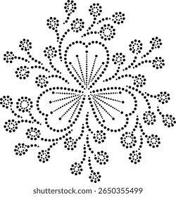 Padrão geométrico contínuo de flor central em forma de coração com espiral periférico reluzente botões de flores desenhados à mão pontilhado rotativo projeto floral Mandala para bordado tecido almofada tapete cortina