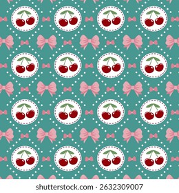 Seamless geometric pattern with cherries and bows. Summer strawberry cute baby background. Vector.
