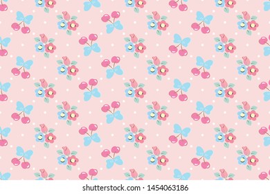 seamless geometric pattern. cherry and ribbon on a pink polka dot background. abstract, vector, illustration,