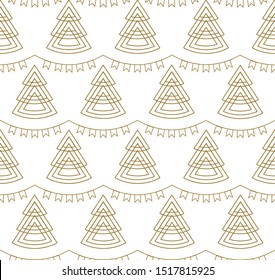 Seamless Geometric Pattern Of Christmas Trees And Garlands Of Flags. New Year. Gold Pattern On A White Background. For Decoration, Textile, Fabric, Wrapping Paper, Engraving And Laser Cutting. Vector.