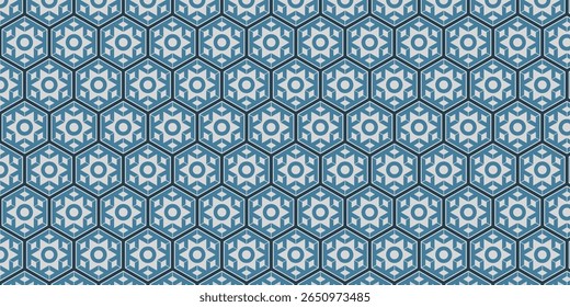 Seamless geometric pattern with circle motif surrounded by triangular arrows inside double hexagons