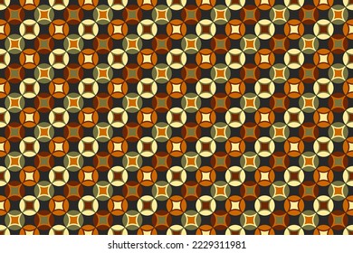 Seamless geometric pattern with circle and star in green, orange,red and cream on dark color background. Vector illustration. For colorful casual cloth textile shirt wrapping wallpaper sportswear.