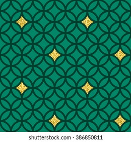 Seamless geometric pattern with circles / rings and golden glitter. Geometric background in green colors. Good for wrapping paper, web page background, party invitation, greeting card, textile.