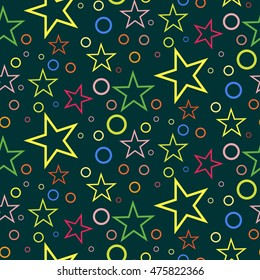 Seamless geometric pattern of circles and stars on a dark background. Can be used for packaging,invitations,textile design, template.
