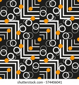 Seamless geometric pattern with circles and stripes. Vector art.
