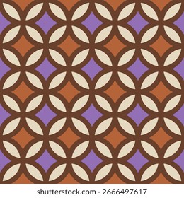 Nahtloses geometrisches Muster im klassischen Retro-Stil der 70er Jahre. Dieses Design verfügt über ineinandergreifende Kreise, die ein sich wiederholendes Blattmotiv in einer nostalgischen Farbe von Lila, Rost, Orange und Braun erzeugen