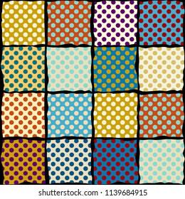 Seamless geometric pattern. Classic polka dot pattern in a patchwork collage style. Vector image.