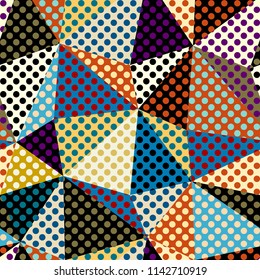 Seamless geometric pattern. Classic polka dot pattern in a patchwork collage style. Vector image.