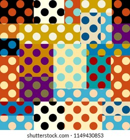 Seamless geometric pattern. Classic polka dot pattern in a patchwork collage style. Vector image.