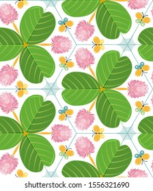 Seamless geometric pattern with clover leaves, flowers, butterflies and spiderwebs. Light summer print