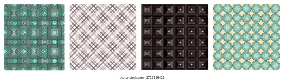 Nahtlose geometrische Mustersammlung mit abstrakten linearen und kreisförmigen Motiven.
Modernes und Retro-Hintergrundset für Tapete, Textil und Oberflächendesign.