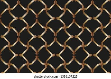 Seamless geometric pattern. With color golden line ornament. Raster illustration. Creative design for different backgrounds. Print for the cover of the book, Golden patterns on black background