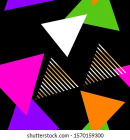 Seamless geometric pattern. Color and golden striped triangles on a black background.  Vector abstract background.