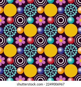 Seamless geometric pattern with colored balls and flowers. Vector art.