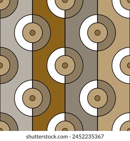 Seamless geometric pattern with colored circles and stripes. Vector graphics.