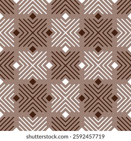 Seamless geometric pattern with colored curved lines and squares on a chocolate background. Vector graphics.