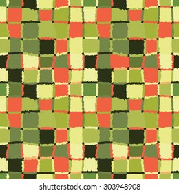 Seamless geometric pattern with colored rectangles. Square, braiding, woven line background. Autumn, sunny day, back to school theme. Strapwork texture in warm, bright, variegated colors. Vector