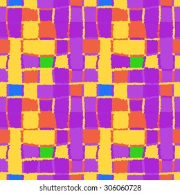 Seamless geometric pattern with colored rectangles. Square, braiding, woven line background. Autumn, sunny day, back to school theme. Strapwork texture. Yellow, violet, bright colors. Vector