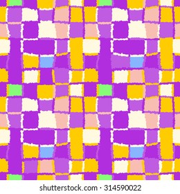 Seamless geometric pattern with colored rectangles. Square, braiding, woven line background. Autumn, sunny day, back to school theme. Patchwork texture. Yellow, violet, bright colors. Vector