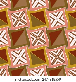 Seamless geometric pattern with colored squares and wavy lines. Vector graphics.
