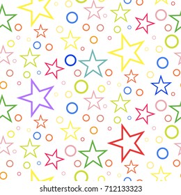 Seamless geometric pattern of colored stars and circles on a white background. 
Can be used for packaging,invitations,textile design, template.