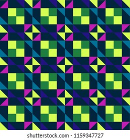 Seamless geometric pattern with colored triangles and squares on a blue background.