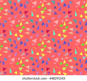 Seamless geometric pattern. Colored triangles on a pink background. Vector illustration.