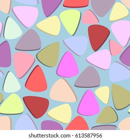 Seamless geometric pattern of colored triangles in pastel colors on a blue background. Tiled repeating texture.