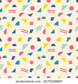 Seamless geometric pattern with colorful abstract shapes in a playful postmodern style. Vector illustration for fabric, textile, paper, wallpaper, print