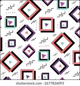 Padrão geométrico contínuo com formas abstratas coloridas. Design moderno em estilo Memphis com quadrados, triângulos, linhas onduladas e pontos em tons vibrantes Perfeito para impressões têxteis, papéis de parede.