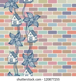 Seamless geometric pattern Seamless colorful brick wall with flowers and houses